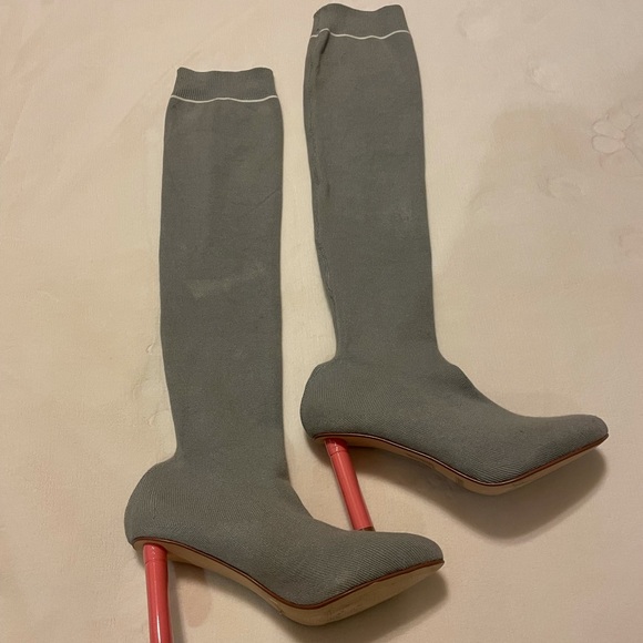 Grey Round Toe Over The Knee Thigh High Chunky Pink Heel Knit Sock Boots 🍄 - Picture 6 of 10